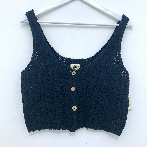 ⭐Free people We The Free Care Stanley Black Crochet Button Up Vest Top Size S - Picture 4 of 10